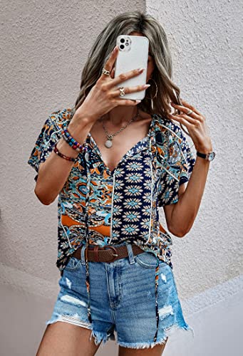 Angashion Women's Summer Tops Casual Floral Print V Neck Ruffle Short Sleeve Loose Tunic T Shirt Blouse3