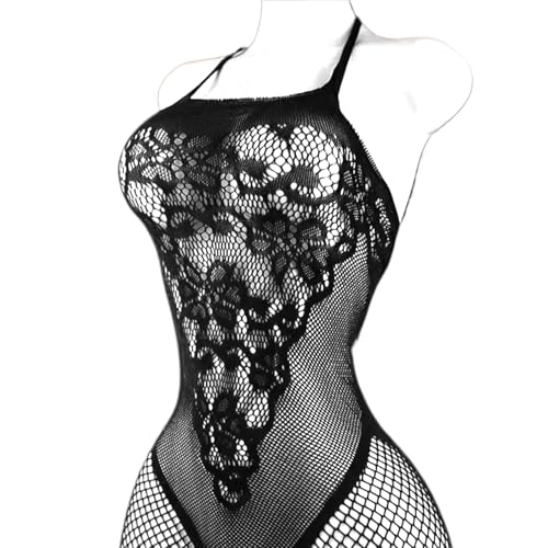 nine-tailed fox Women Fishnet Bodystocking Lace Mesh Badydoll Bodysuit Soft Nightwear Lingerie One Piece (Black43, One Size)