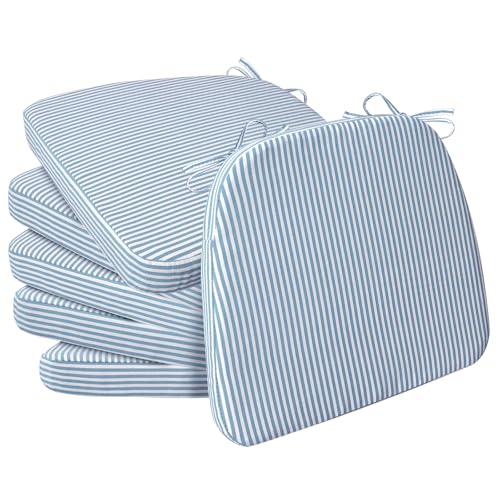 Image of AAAAAcessories D-Shaped Chair Cushions, 2 inch Thick Dining Chair Pads with Ties and Removable, Machine-Washable Cover, 17 inch x 16 inch, Set of 6, Pinstripe Blue