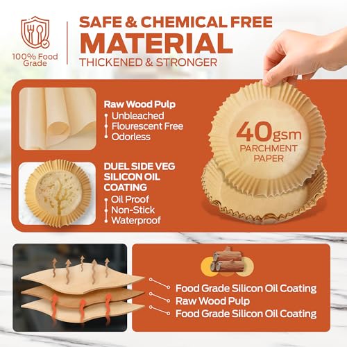 Image of PORTENTUM Air Fryer Liners 100PCS Disposable, Unbleached and Greaseproof. Suitable from 3.5 to 6 liters. Food-Grade Use Baking Paper BPA Free, FDA, and LFGB Certified, Brown