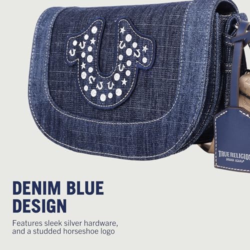 True Religion Women's Crossbody Bag, Denim Mini Flap Shoulder Handbag Purse with Studded Horseshoe, Dark Denim3