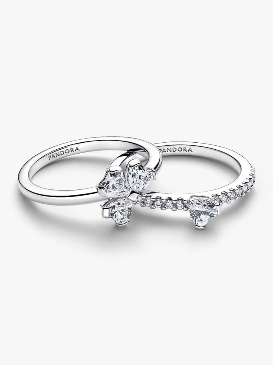 PANDORA Anillo de trébol de la suerte para dividir en plata de ley 925 con circonitas cúbicas, juego de 2 anillos para mujer con piedras en forma de corazón y engaste pavé, apilable, tamaño: 52