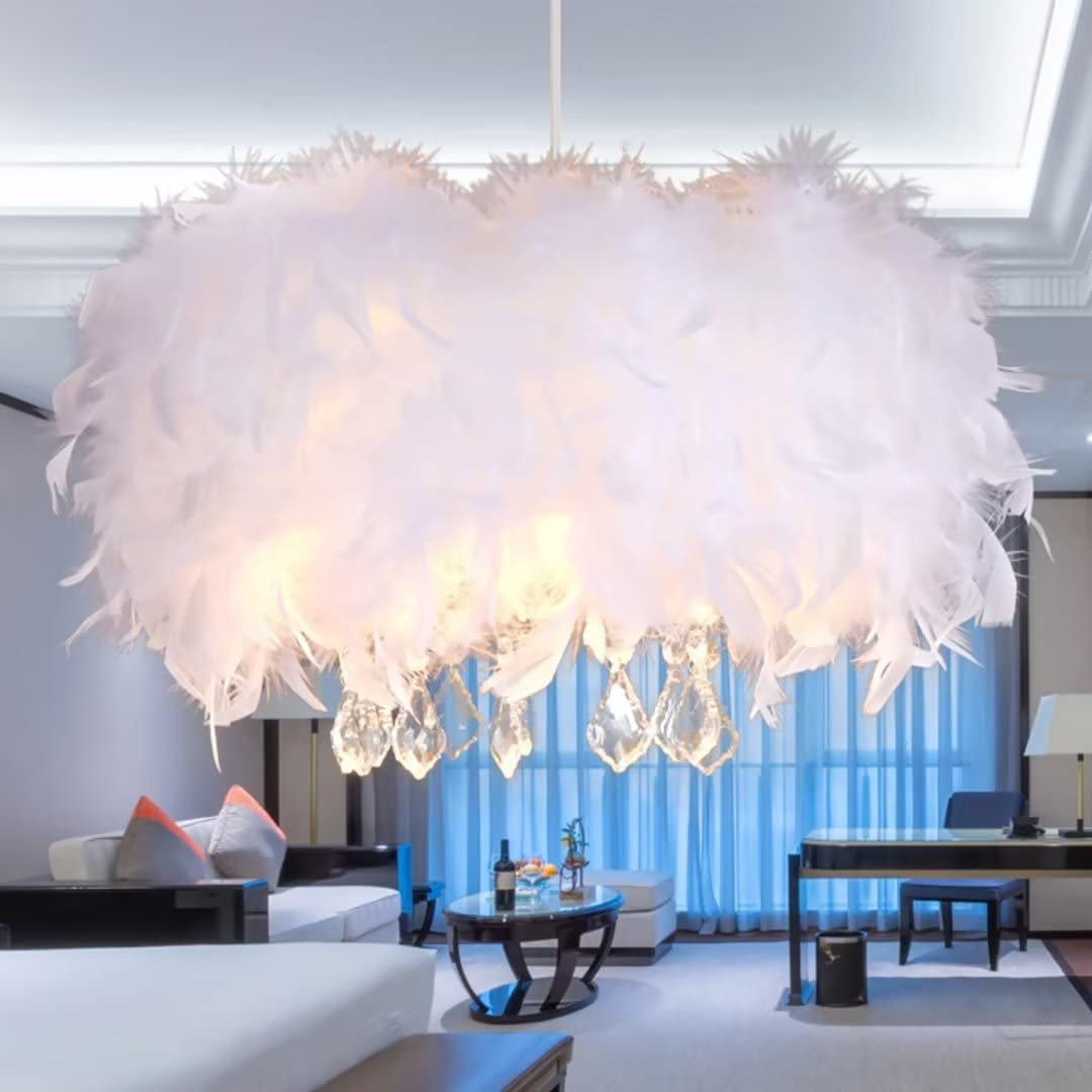 Crystal Pendant Feather Chandelier White Feather Pendant Light Ceiling Light Ceiling Lamp, Romantic & Luxury for Living Room, Dining Room, 40CM/15.9INCH