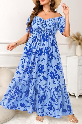 Image of Plus Size Sun Dresses Women - Summer Off the Shoulder Puff Sleeve A Line Boho Maxi Flow Long Dress 2025