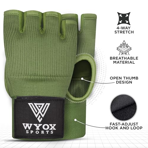 Image of WYOX Gel Boxing Hand Wraps Inner Gloves for Men & Women - 80cm /31inch Quick Wrist Strap, Padded Knuckle Support, Fingerless MMA Muay Thai Kickboxing Wraps for Training, Punching & Martial Arts