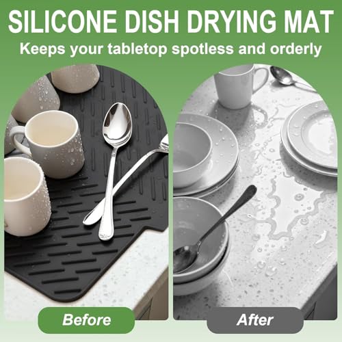 Image of SONANI Silicone Dish Drying Mat for Kitchen, Large 23 x 17 Inch Dish Drainer Mat with Drain Lip, Waterproof Heat Resistant Non-Slip Silicone Mat for Sink & Counter, Utensil Dish Drying Mat (Black)