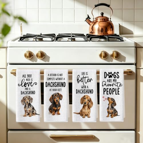 Image of 4 Pcs Funny Dachshund Kitchen Towels, Dachshund Gifts Reusable Dish Towels
