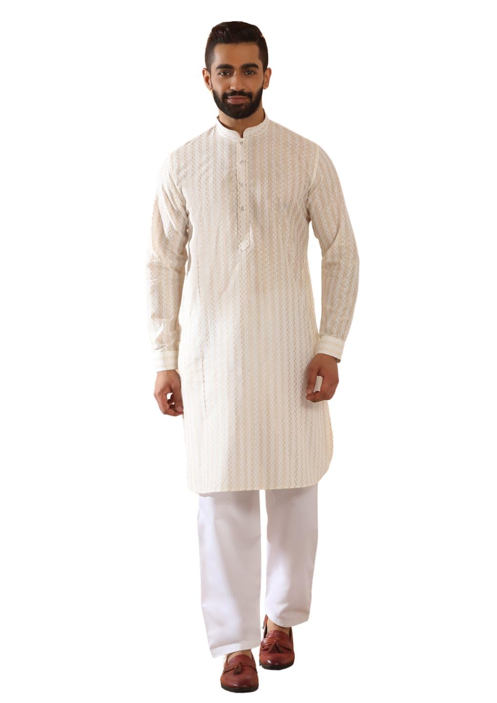 kraft india Men's Cotton Embroided Chevron Cream Gold Pathani Kurta With White Salwar Set-picture-16