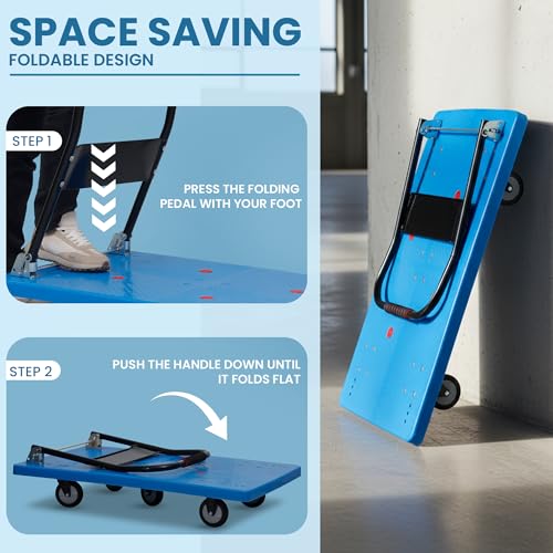Image of Robustt 500 Kg Heavy-Duty Foldable Platform Trolley (Blue) | Plastic Hand Truck with 360 Rotating Wheels & Cushioned Grip | Material Handling Cart for Home, Office, Warehouse & Industrial Use