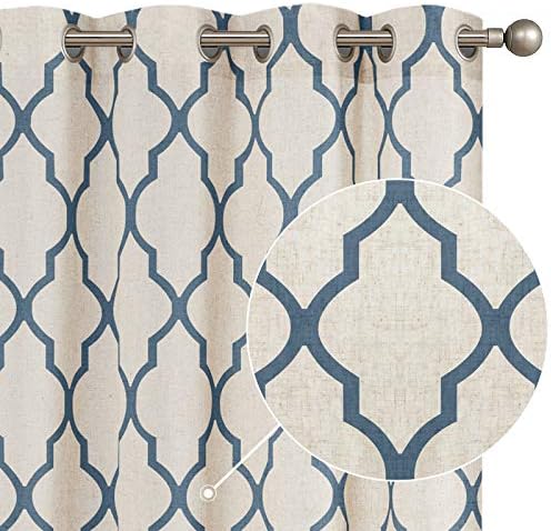 COLLACT Linen Curtains for Living Room Farmhouse Moroccan Tile Print Window Treatments Geometric Curtains Lattice Grommet Drapes for Dining Room Bedroom 63 Inch Length 2 Panels Set Blue on Beige