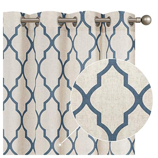COLLACT Linen Curtains for Living Room Farmhouse Moroccan Tile Print Window Treatments Geometric Curtains Lattice Grommet Drapes for Dining Room Bedroom 84 Inch Length 2 Panels Set Blue on