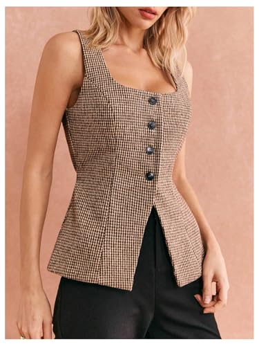 GORGLITTER Women's Tweed Blazer Vest Tops Sleeveless Square Neck Business Casual Cardigan Vests Western Cowgirl Outfits2