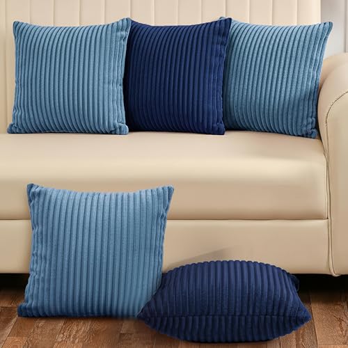 Image of Yellow Weaves Pencil-Stripe Fur Cushion Covers | Soft Polyester | Decorative Sofa & Throw Pillow Covers | 16x16 Inches, Pack of 5 (Blue & Sky Blue)