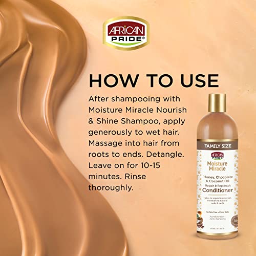 African Pride Moisture Miracle Balsamo per miele, cioccolato e olio di cocco, ripara e riempie l'umidità per avvolgimenti e ricci naturali, nutre e rigenera, senza solfati, non stinge, 473 ml