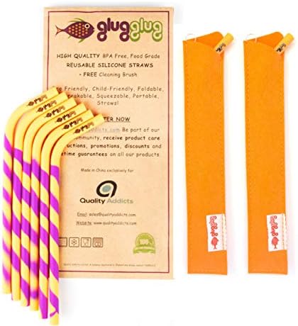 Reusable Silicone Drinking Straws with brush (x6) BPA Free Silicone | Strong, Flexible & Soft Straws | Complete bundle: Straws + Brush + FREE JUICING Recipes eBook!