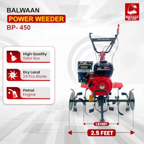 Image of Balwaan Krishi Power Weeder with 212 CC 4-Stroke Petrol Engine (Red&Black) | for Inter-Weeding in Hilly Regions with 24 Blades, 30 inch Width & 10 inch Cultivation Depth, Lightweight & Easy Handling | BP-450