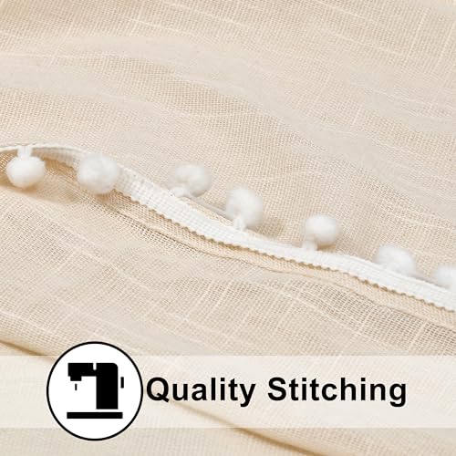 Image of THE LINEN COMPANY Cotton Sheer Grommet Curtains with Side Border Pompom Sheer Curtain for Window Linen Textured, Light Filtering, Pack of 2 (Natural, 5 Feet)