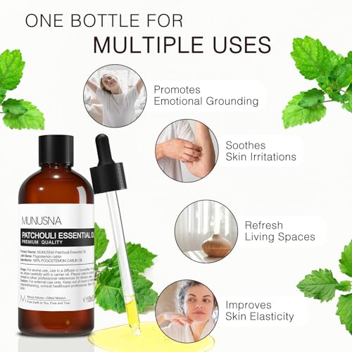 Image of Patchouli Essential Oil for Skin Care, Aromatherapy, Diffuser | Pure and Natural, Patchouli Oil for Massage, Home, DIY Perfume, Soap and Candle Making, 100ML / 3.38 fl oz