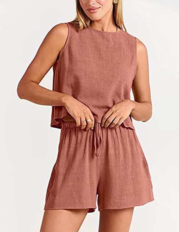 Miniatura 2 de Conjunto de 2 piezas de lino para mujer, conjunto de pantalones cortos sin mangas, camiseta corta sin mangas 2023, nuevo verano bohemio con
