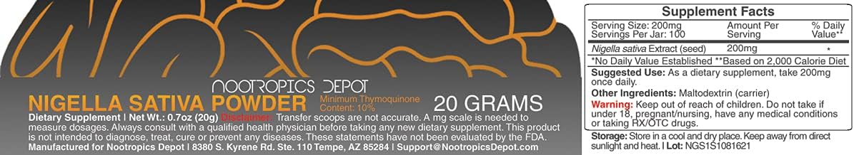 Nigella Sativa Extract Powder | 20 Grams | Minimum 10% Thymoquinone Content | Black Seed Oil Extract | Supports Brain Health, Memory, Liver Health, and Immune Function | Nootropics Depot