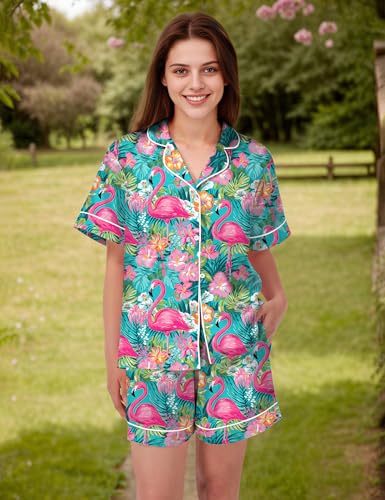 Image of SHESHOW Satin Pajamas for Women Set Preppy Animals Pjs Short Sleeve Shorts 2 Piece Loungewear Sets XS-XXL