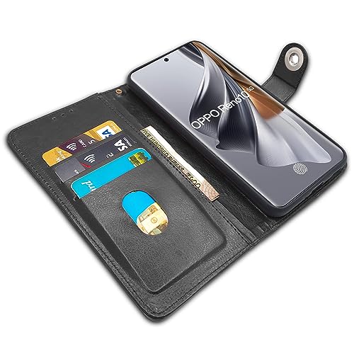 Image of Pikkme Oppo Reno 10 5G Flip Cover Leather Finish | Inside TPU with Card Pockets | Wallet Stand and Shock Proof | Complete Protection Button Flip Case (Black)
