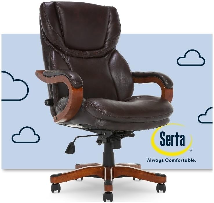 serta big and tall executive office chair with wood accents adjustable high back ergonomic lumbar support, bonded leather, 30.5d x 27.25w x 43.5h in, brown