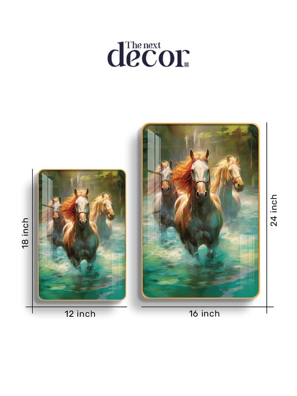 The Next Decor Wild Waterscape Horses Wood Glass Finish Wall Art Decorative Painting for Living Room, Bedroom, Dining Room (Size: 18x12 Inches) 2