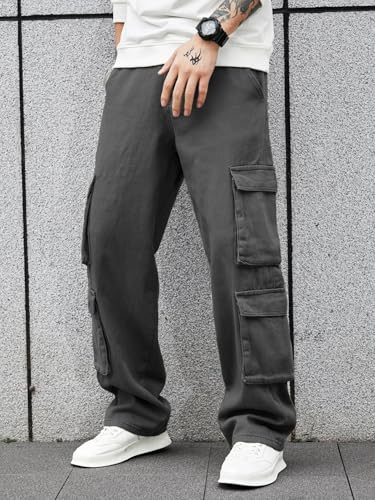 Image of Men's 8 Pocket Cargo Pants | Premium Cotton Twill Baggy Fit Trousers | Stretchable Casual Streetwear Cargos | Mid Rise
