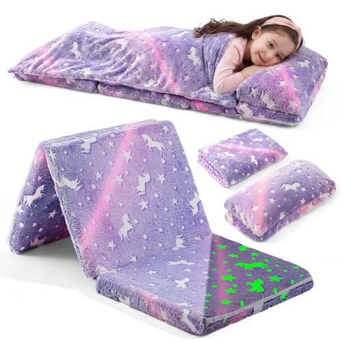 Hillsuren Preschool Nap Mat with Pillow and Blanket, 21" x 50" Glow Sleeping Bag Toddler Nap Mat for Daycare Kids, 2" Thick All in one Foldable Floor Mattress for Girl Boys(Unicorn)