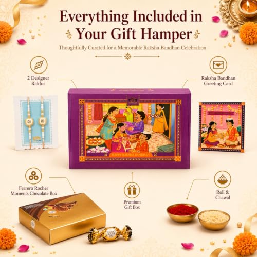 Image of Gifticon Rakhi Set for Brother Bundled with Chocolate | Rakshabandhan Gift Box with Moments Chocolate Pack Greeting Card | Roli | Chawal | Premium Rakhi Gifting Set with 2 Peach AD Rakhi