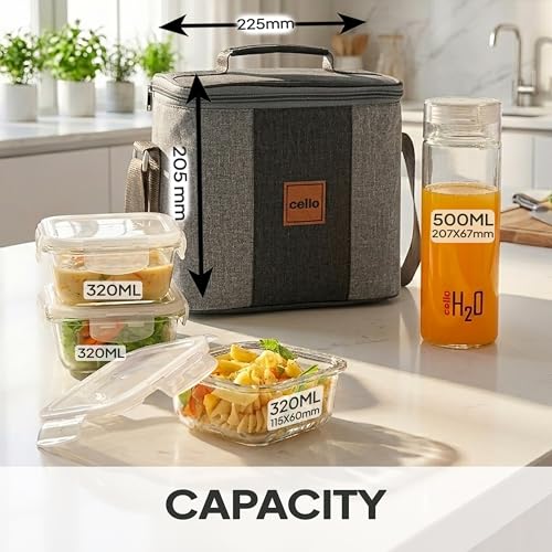 Image of CELLO Glassy Square Lunch Box with Jacket for Office, Transparent | 3 x 320ml Containers & 1 x 500ml Glass Bottle, Microwave Safe Leadfree Toughened Glass, Airtight Leakproof Tiffin Box for Daily Use