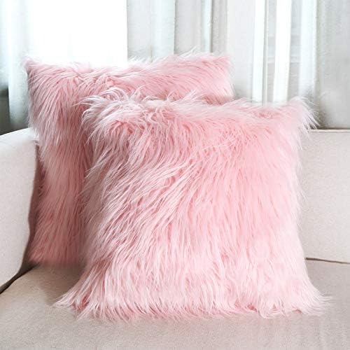 Hodeco Decorative Pink Faux Fur Throw Pillow Covers 18x18 Inch Luxury Long Fur Mongolian Fluffy Soft Cushion Cover Plush Square Floor Pillow Case for Couch Bedroom Sofa Chair 45x45CM, 2 Pack
