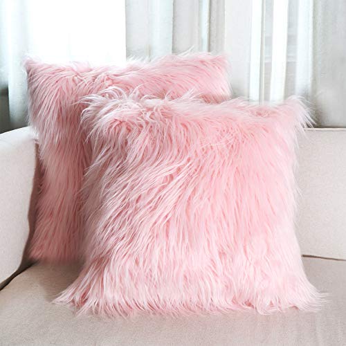 Hodeco Decorative Pink Faux Fur Throw Pillow Covers 18X18 Inch Luxury Long Fur Mongolian Fluffy Soft Cushion Cover Plush Square Floor Pillow Case For Couch Bedroom Sofa Chair 45X45Cm, 2 Pack #TOP8
