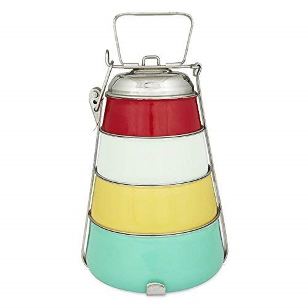 Elan Stainless Steel Tiffin Box, Lunch Box for Office, 4 Compartments, Aqua-Yellow-Red-White, 1470 ml