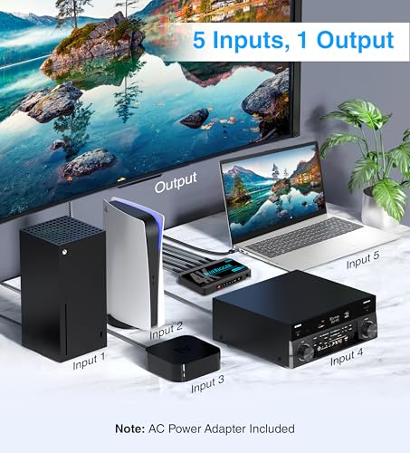 Image of BlueRigger 4K HDMI Switch 5 in 1 Out (4K 60Hz, 5 Port Video Switcher, HDMI Hub, HDR10+, 18Gbps, Selector Box with IR Remote) - Compatible with HDTV, PS5, Xbox, Apple TV, Projector, Blu-Ray