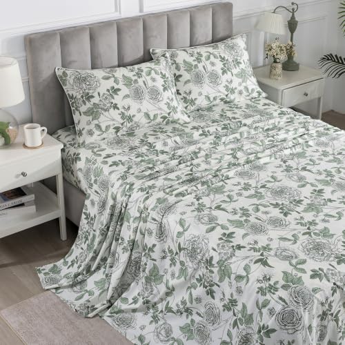 Image of Vintage Green Floral Percale Bed Sheets Queen Size, Deep Pocket