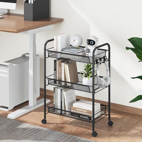 Image of KRISHYAM 3-Tier Slim Rolling Utility Cart with Wheels, Metal Mesh Storage Trolley for Kitchen, Fruits, Vegetables, Bathroom & Office Organizer (3-Layer Rectangular)