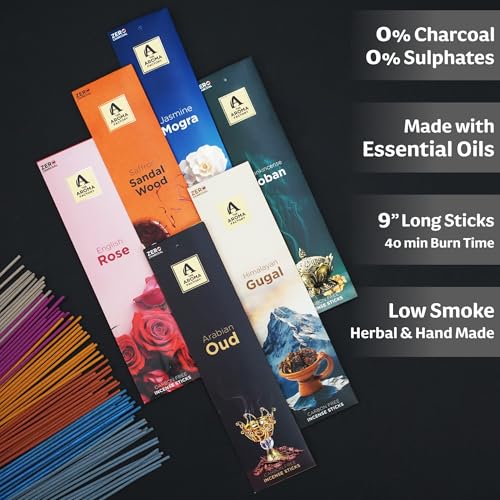 Image of The Aroma Factory Premium Incense Sticks for Pooja | Set of 6 Fragrances Gift Pack (Oud, Mogra, Loban, Sandalwood, Rose, Gugal) 120 Agarbatti (6 x 20 Sticks Each)