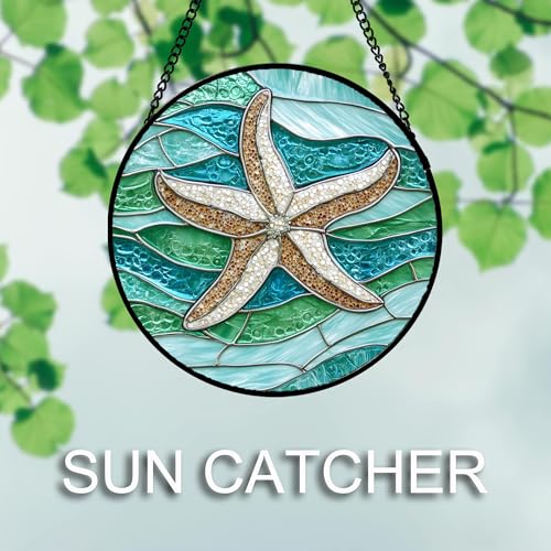 Image of DASTOLL Stained Glass Window Hanging Teal Sea Waves Starfish 6.3 inch - Suncatcher Door Garden Sun Catcher Home Decor Birthday Mother's Day for Mom Men Woman Parents Her Child Nana