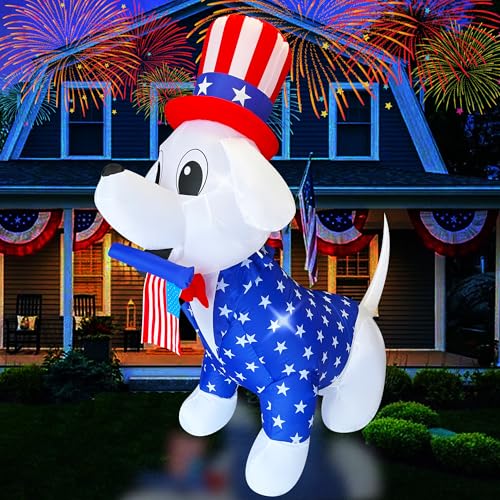 Trystway 5FT Patriotic Independence Day 4th of July Memorial Day Inflatable Dog Decorations with Amaerican Flag Blow Up Puppy for Holiday Party Indoor Outdoor Yard Garden Lawn