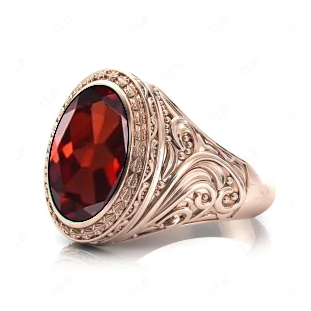Garnet Wedding Signet Ring For Men 18K Gold Garnet 10Ct - 17x12mm With Genuine Moissanite Ring Unique Gemstone Ring Vintage Men Engagement Ring - (Garnet)