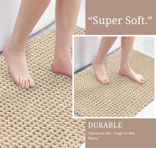 Image of SANMARINO Non Slip Chenille Bath Mat, Extra Soft Bathroom Mat, Super Absorbent Fluffy Bath Mats for Bathroom, Machine-Washable Quick Dry Bath Rug Foot Mat, 16 inchx24 inch, Beige
