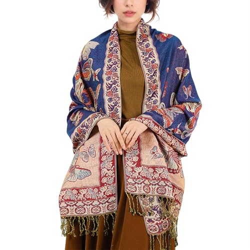 Lamca Pashmina Schal Damen, Elegant Weich Troddel Schultertuch Schal für Damen, Leicht Frauen Halstuch Stola mit Schmetterlinge Muster - Quaste Tuch Lang Damen