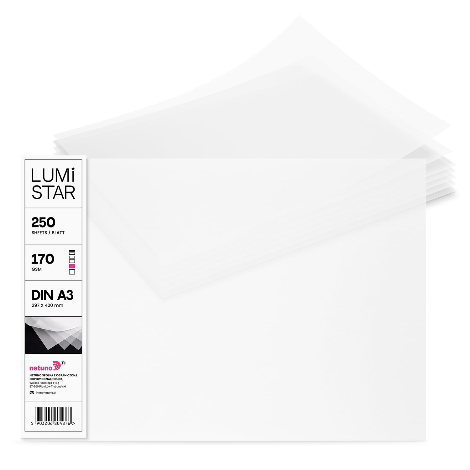 Netuno 250 x przezroczysty papier biały DIN A3 29,7 x 42 cm, 170 g, LumiStar, półprzezroczysty, mocny papier ozdobny, nadaje się do zadrukowania, do zaproszeń, kart, majsterkowania, dla architektów