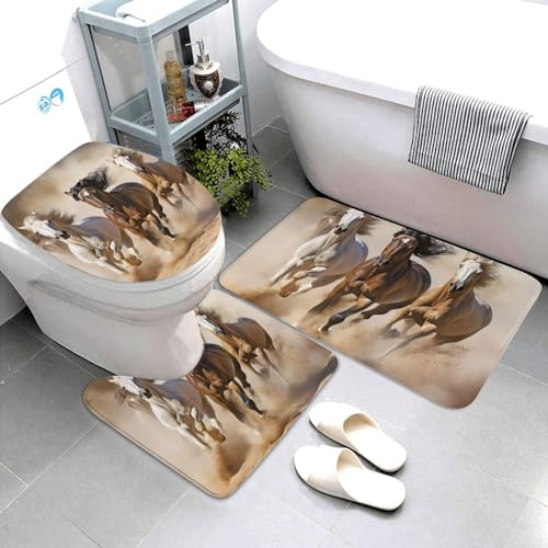 Dwrepo Three Running Horses Print Bathroom Rug Set 3 Piece with Non-Slip U-Shaped Contour Mat and Toilet Lid Cover for Bathroom Decoration