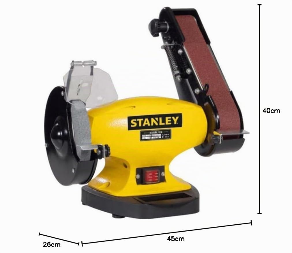 STANLEY - Touret à meuler Ponceuse STANLEY 330W Ø150mm + Bande abrasive 5x69cm- Touret à meuler d'établi Grain 36/60 Meulage Polissage Ponçage Dégrossissage