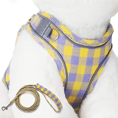 Charmsong Small Dog Harness Reflective Soft Dog Vest for Puppy Harness Plaid Small Pet with 150cm Leash No Pull Chest Orange Purple Plaid S