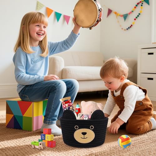 Image of Cute Black Bear Basket for Nursery- Small Animal Gift Basket,Soft Woven Rope Cotton Storage, Shower Baby Towel 0rganizer with Bear Ears, Candy Blanket Towel Decor Storage Bin, 8.2 inchD x 4.7 inchH IN