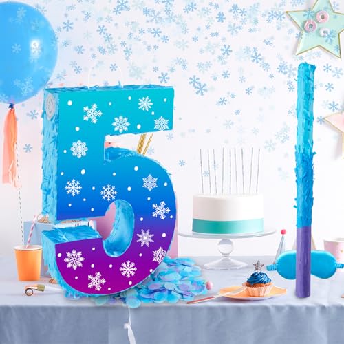 Snowflake Birthday Decorations, Winter Ice Snowflake Number 5 Pinata with Stick Blindfold and Confetti Snowflake Piñata 5th Birthday Party Decoration & Supplies (Snowflake 5) by Lcoor - Used condition - Image 5